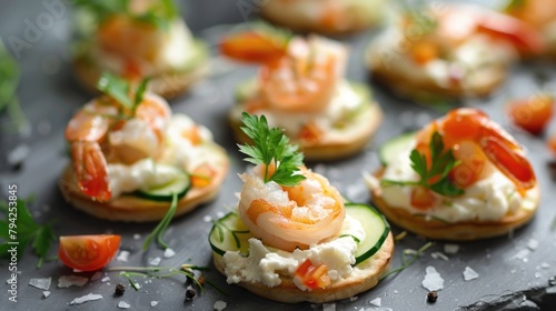 A tray of delicious shrimp and cucumber appetizers. Perfect for catering events