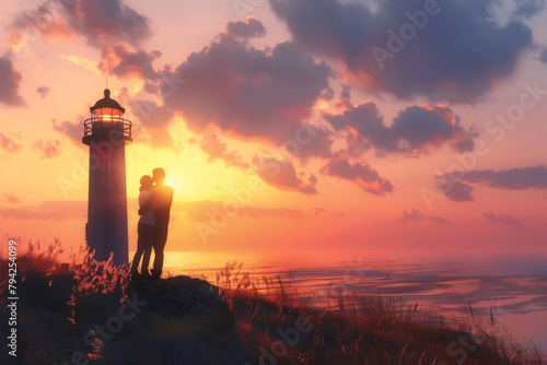 Lighthouse love: Couple watches the sunset, wrapped in an embrace, ocean view