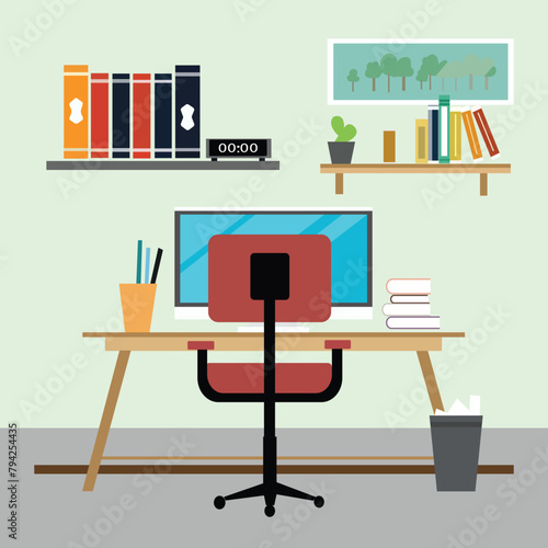 Flat minimalistic style Creative  modern  freelancer office workplace or workspace in room Illustration.