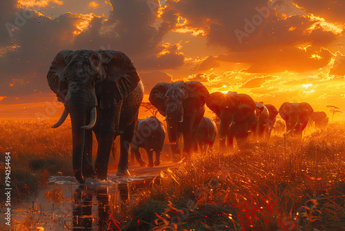  A herd of elephants, with the majestic sunset casting its warm hues over their powerful forms. Created with Ai