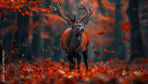  Photo of a majestic deer with impressive antlers standing in an autumn forest. Created with Ai