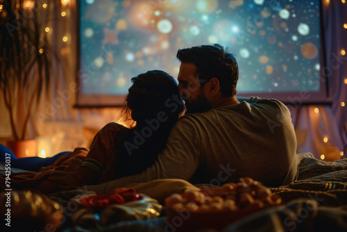 Movie under the stars: Couple's evening out with a film and snacks on a blanket