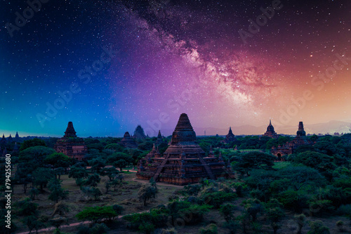 Landscape image of Ancient pagoda with milky way at night in Bagan, Myanmar.