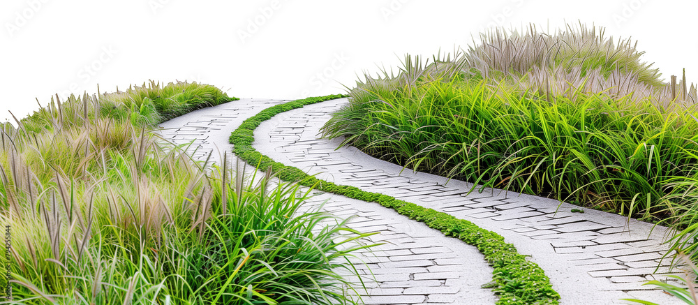 Zigzag pathway lined with alternating species of ornamental grasses ...