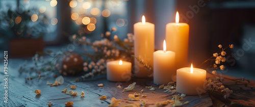 romantic setting in rustic style close-up of burning candles on a wooden surface and wild flowers, atmospheric banner, desktop wallpaper