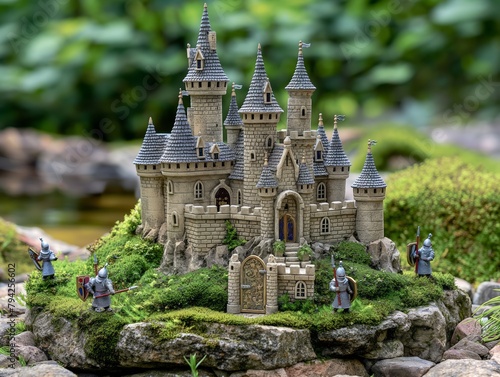 A castle made of rocks and moss with soldiers standing around it. The castle is surrounded by a lush green field photo
