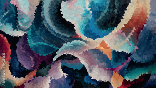 A colorful abstract painting with a blue and orange swirl low poly