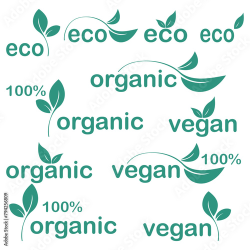 Vector eco, organic, vegan logos or signs. Set of vector illustrations. Eco friendly and Eco line icons