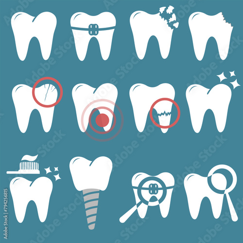 Dental icon set. Tooth, bad tooth, toothpaste, toothache, toothbrush, teeth, implant. Vector illustration.