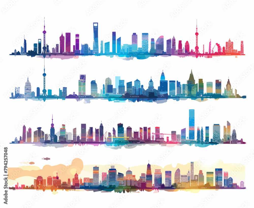 a set of city skylines in different colors