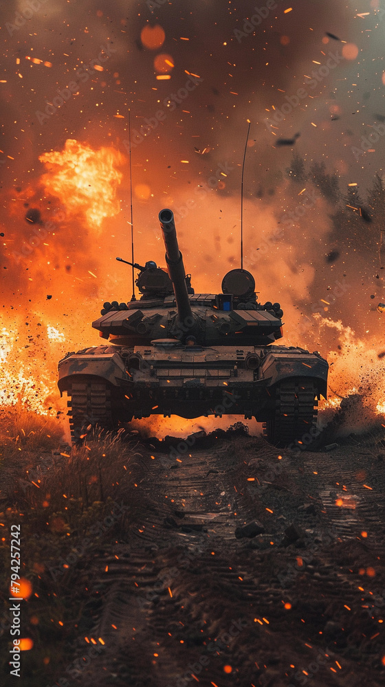 A tank is driving through a firestorm. The tank is surrounded by a lot of smoke and debris. The scene is intense and chaotic
