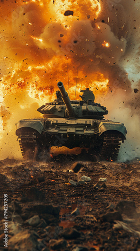 A tank is shown in the middle of a battlefield with a lot of smoke and debris. The tank is surrounded by a lot of rubble and debris  and it is clear that the battle is intense