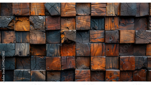  A wall of wooden blocks in various shades and shapes  creating an abstract pattern with a rustic feel. Created with Ai