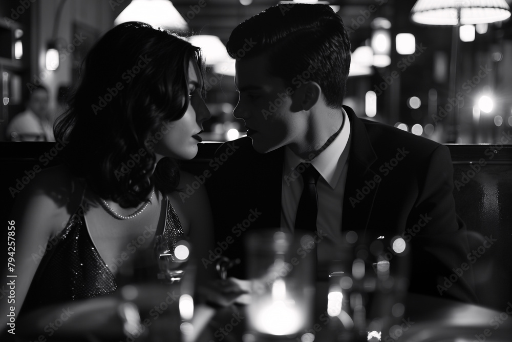 Romantic couple sharing an intimate moment in a dimly lit restaurant at night