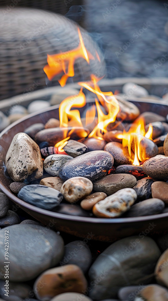 A fire is burning in a bowl of rocks. The fire is orange and yellow, and the rocks are grey and black. Scene is calm and peaceful, as the fire is contained within the bowl of rocks A fire is burning in a bowl of rocks. The fire is orange and yellow, and the rocks are grey and black. Scene is calm and peaceful, as the fire is contained within the bowl of rocks