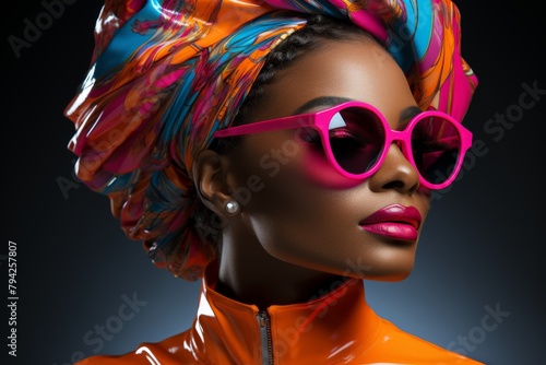 Stylish woman with colorful headwrap and pink sunglasses © arthurhidden