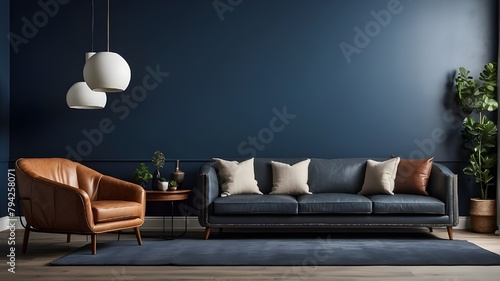 Wall mockup of a modern wooden living room with an armchair against a blank, dark blue wall backdrop, with a leather sofa and white background décor,