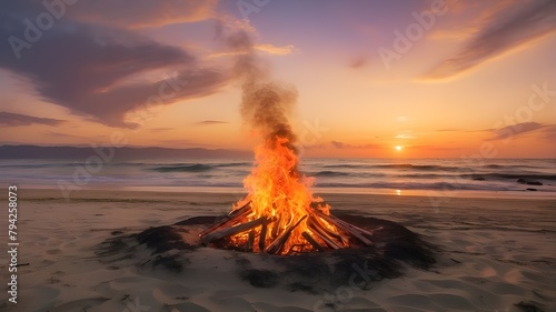 The sun settling over the peaceful sea and a fire on the beach. sunsets over the sea, on a beach with a fire pit, and in the backdrop, a bonfire at the beach with a view of the setting sun


