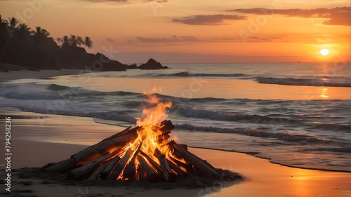 The sun settling over the peaceful sea and a fire on the beach. sunsets over the sea, on a beach with a fire pit, and in the backdrop, a bonfire at the beach with a view of the setting sun