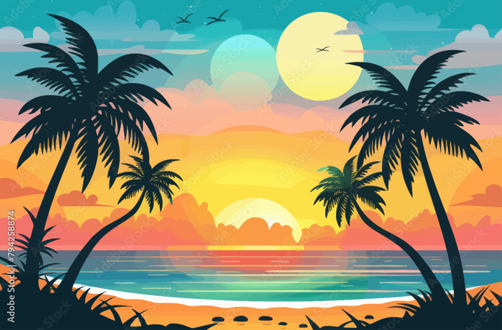 a painting of a sunset with palm trees
