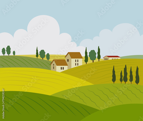 Rural landscape with farm, houses and fields. Vector illustration.