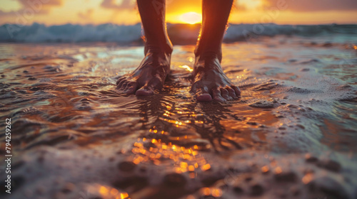 Close up man's feet standing on a beach, small waves, sunset, red sunlight. © Alina Tymofieieva