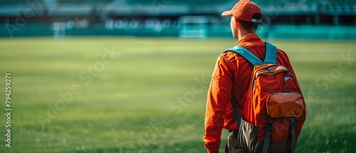 Stadium groundskeeper in maintenance uniform preparing sports field with solid background. Concept Sports Field Preparation, Groundskeeper Uniform, Maintenance Equipment, Stadium Background photo