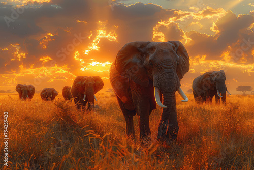 A herd of elephants is walking through the savannah at sunset. Created with Ai
