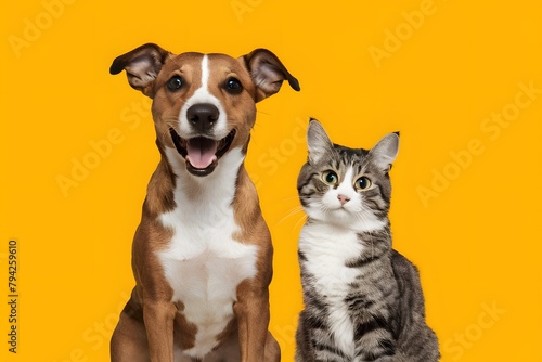 Happy dog and curious cat sit together  contrasting against bright yellow background