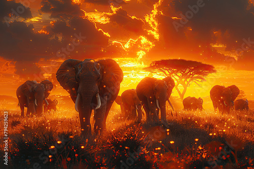 A herd of elephants in the savannah at sunset, majestic and powerful. Created with Ai © Design