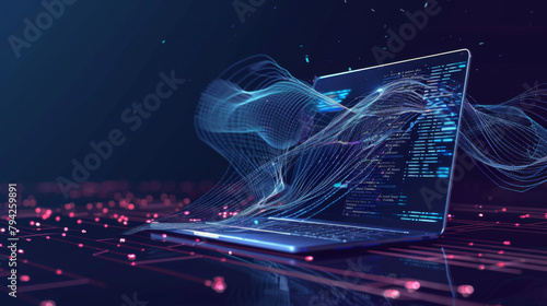 Powerful gust of wind symbolized by dynamic, swirling lines enveloping an open laptop that displays lines of open-source code on the screen © Alina Tymofieieva