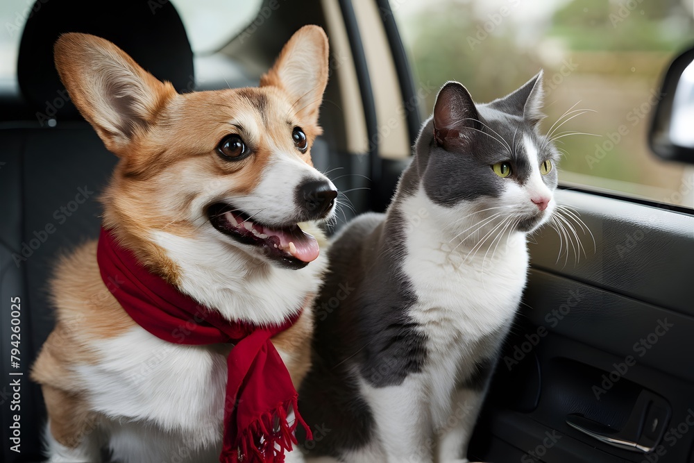 Adorable corgi dog and cat enjoy car ride together, creating heartwarming moment