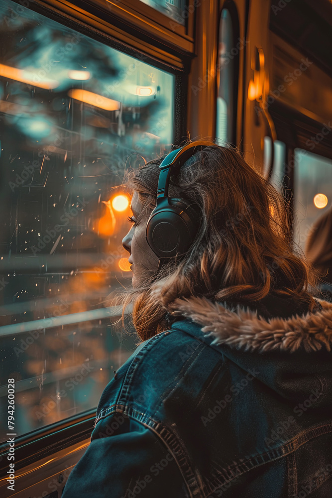 An individual enjoying their commute with headphones on, lost in the world of music An individual enjoying their commute with headphones on, lost in the world of music