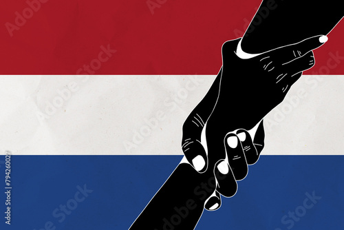 Helping hand against the Netherlands flag. The concept of support. Two hands taking each other. A helping hand for those injured in the fighting, lend a hand