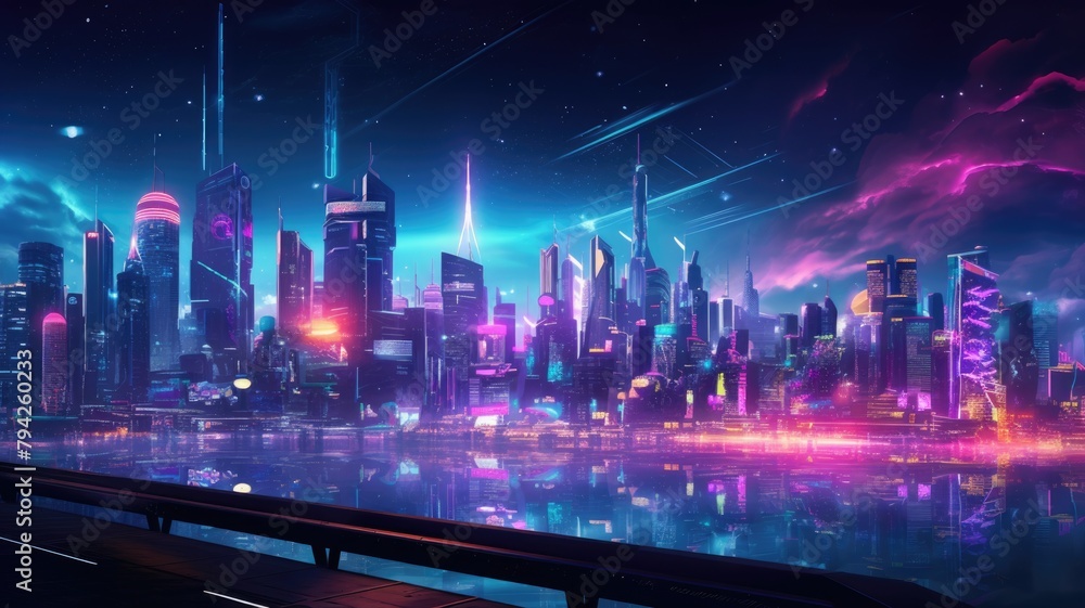 The picture of the neon night time futuristic cyberpunk scifi metropolis yet bright with neon light that fill everywhere of metropolis and fill with tall building and long roadway at night. AIGX01.