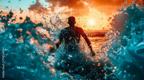 Homme courant dans la mer en faisant des éclaboussures photo