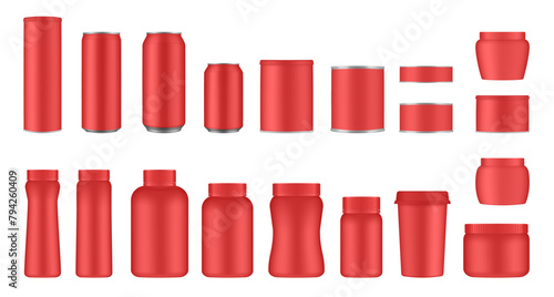 Set of red tin cans and jars. Coffee or tea canister. Tin can for preserves or pet food. Beer, cocktail or soda can. Chips tube. Cookie jar. Round box for sugar or flour