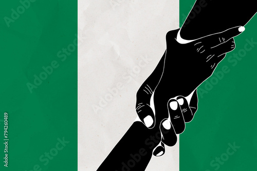 Helping hand against the Nigeria flag. The concept of support. Two hands taking each other. A helping hand for those injured in the fighting, lend a hand photo