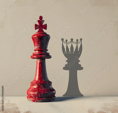 The red king chess piece casting the shadow of the queen chess piece on a white wall. Copy space for text. Chess game concept. photo