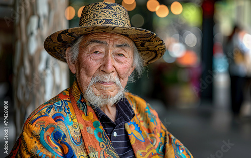 An old man wearing a colorful hat and a colorful jacket sits on the sidewalk. He looks tired and sad
