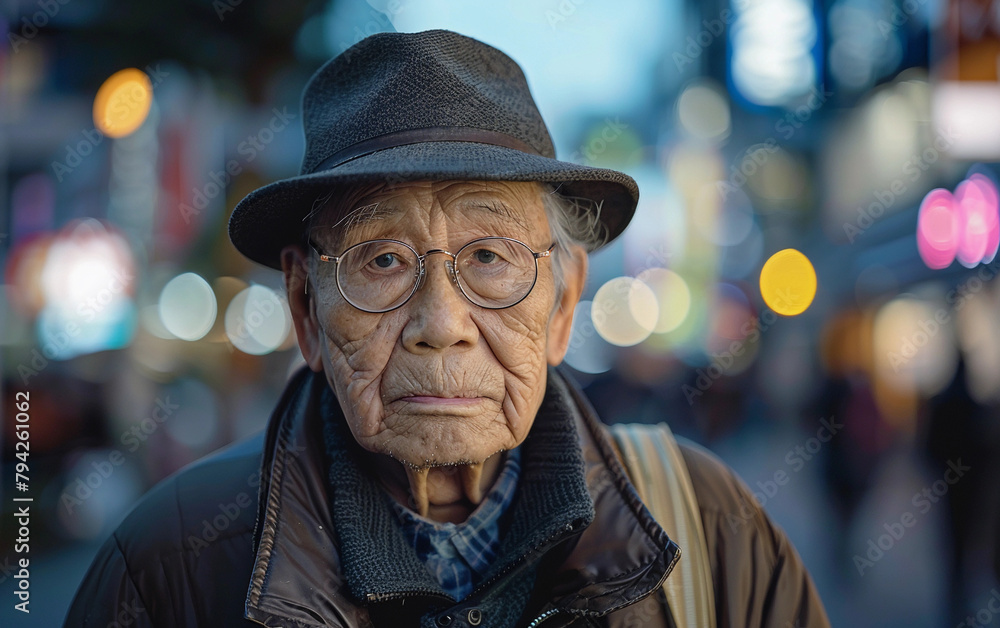 An old man wearing a hat and glasses stands on a street. He is looking at the camera An old man wearing a hat and glasses stands on a street. He is looking at the camera