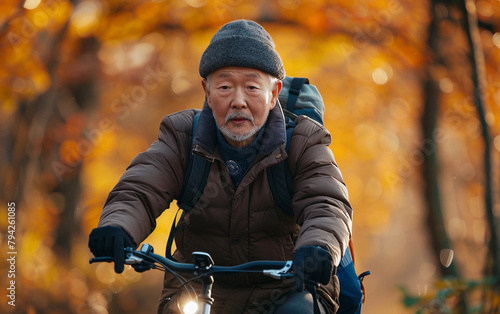 An older man is riding a bicycle in the woods. He is wearing a hat and a backpack