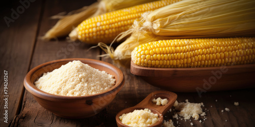 A bowl of cornmeal is on a table with corn on the cob. The corn is yellow and white photo