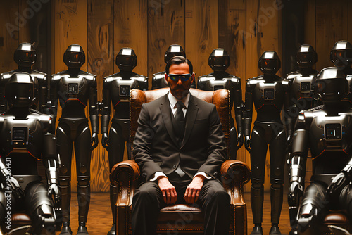 Homme d'affaires assis sur un fauteuil et gardé par des gardes du corps robots