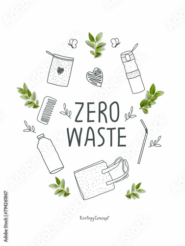 Hand drawn cartoon sketch of glass bottle, cotton bowl, paper straw, wooden comb and biodegradable bag with green leaves  Zero waste and Sustainable lifestyle. Think Green. Plastic free