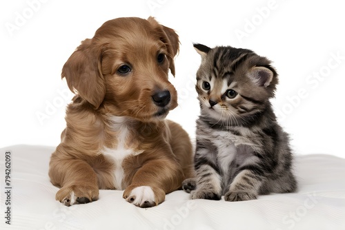 A sweet photo of a golden puppy and striped kitten showing innocence and companionship