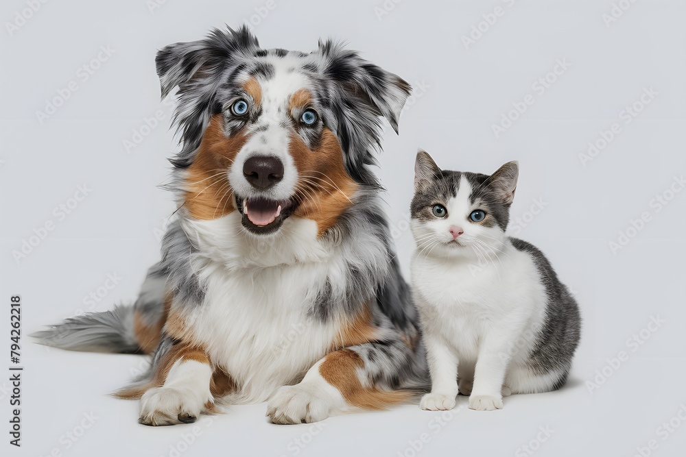 Playful Australian Shepherd with blue eyes and multicolored coat next to a cat