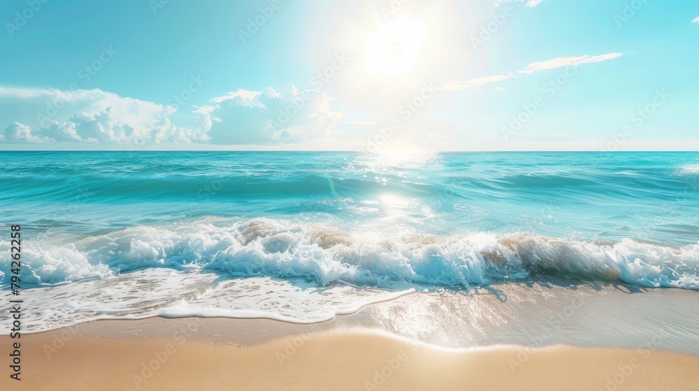   The sun shines vividly over the ocean; waves break upon a sandy shore on a crystal-clear, sunlit day