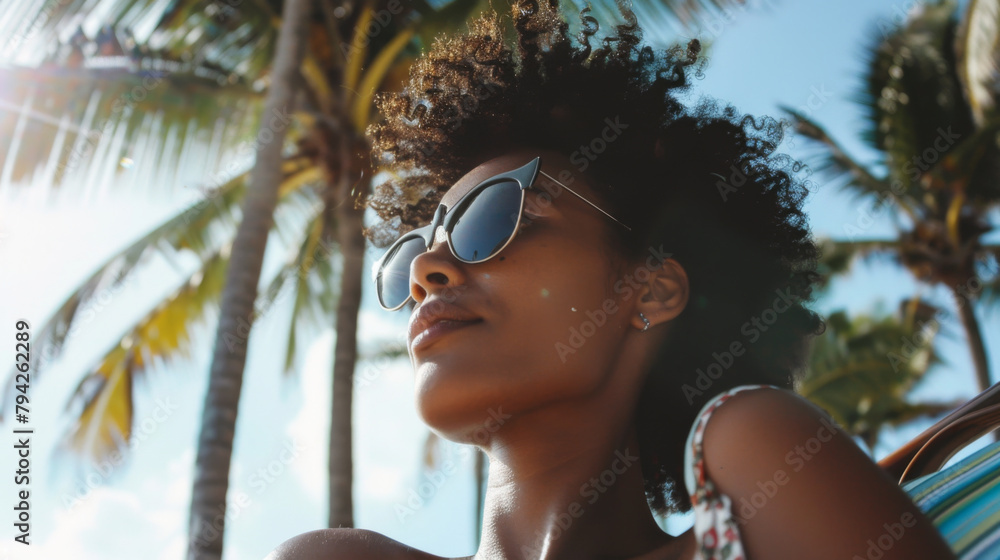 Beautiful Black woman sitting on a lounge chair on a tropical beach in Bali wearing sunglasses. A row of palm trees are behind her Beautiful Black woman sitting on a lounge chair on a tropical beach in Bali wearing sunglasses. A row of palm trees are behind her