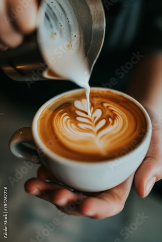  A person pours milk into a cup with a cappuccino and leaf design top